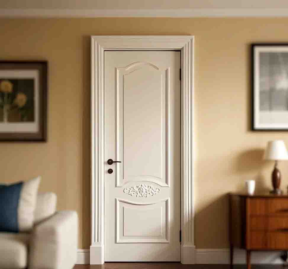 Ivory white wooden door with detailed panel design, adding a classic touch to any room.