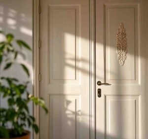 Sleek and modern ivory white wooden door featuring a minimalist design for stylish home decor.