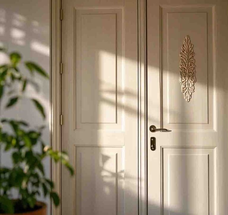 Sleek and modern ivory white wooden door featuring a minimalist design for stylish home decor.