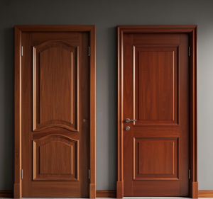 Side-by-side comparison of a solid wood door and a hollow core door, highlighting durability and design differences.