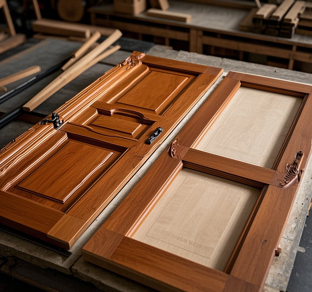 Solid wood door installed in a modern home interior, providing durability and soundproofing.