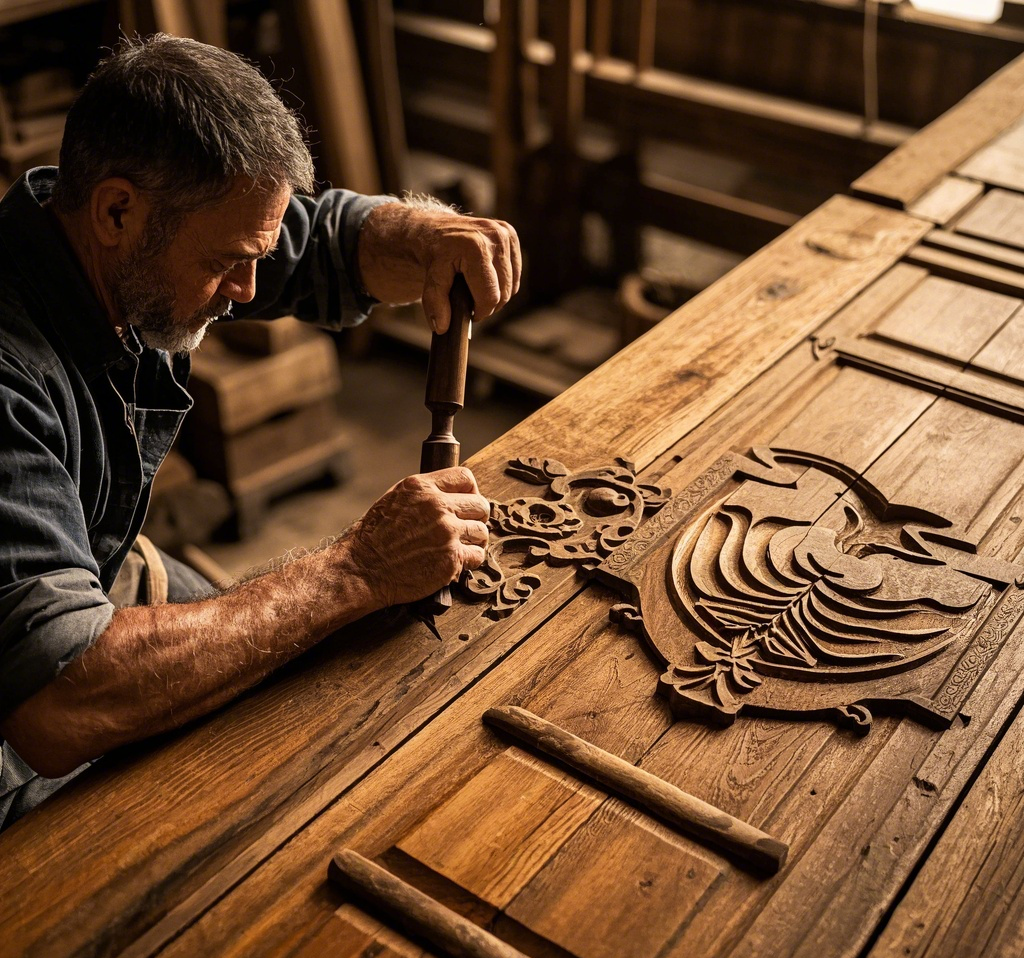 Skilled craftsman carving intricate designs on a wooden door, showcasing expert craftsmanship and attention to detail
