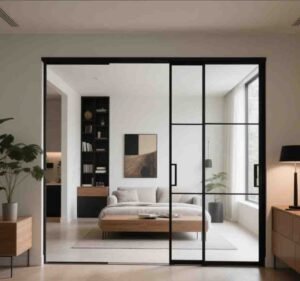 Rustic sliding doors with wooden frames for a warm, natural aesthetic