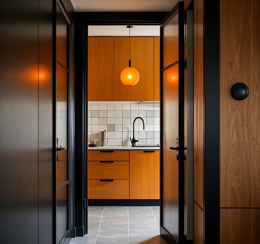 Black kitchen door paired with sleek white cabinet for an elegant, high-end design
