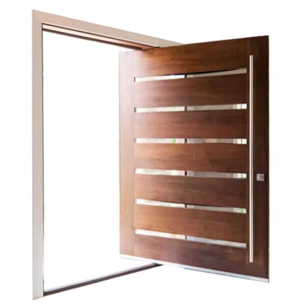 Custom solid wood front door opened to show thickness