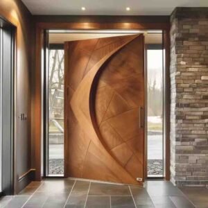 Modern pivot 3D wooden entrance door front view