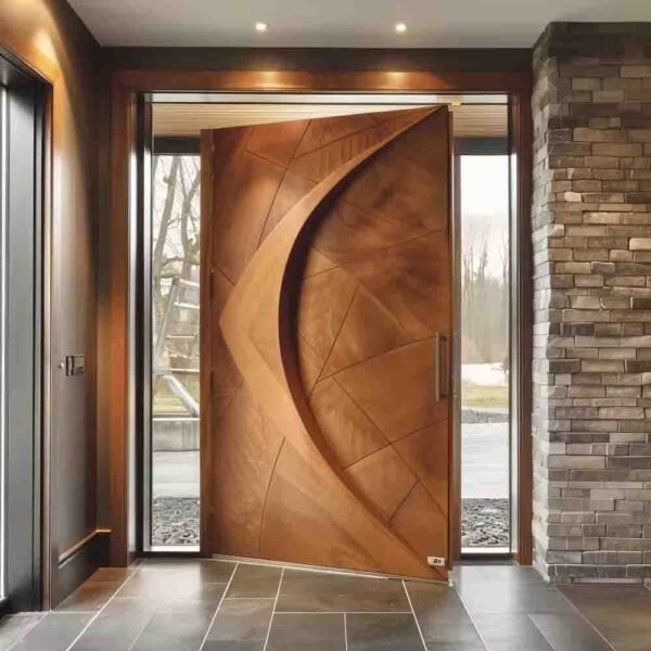 Modern pivot 3D wooden entrance door front view