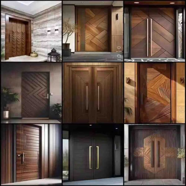Pivot wooden door opened to reveal swing mechanism