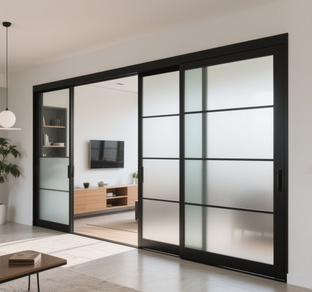 Custom-sized sliding door with glass panels for modern decor