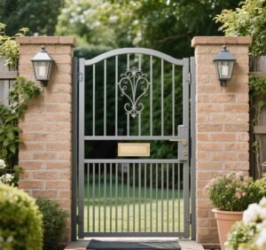 Steel entry door with modern wood grain texture