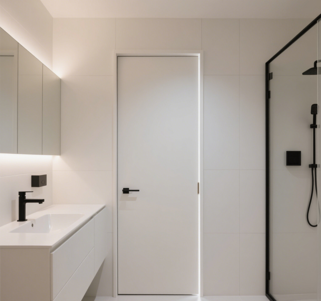 Hidden bathroom door integrated with wall
