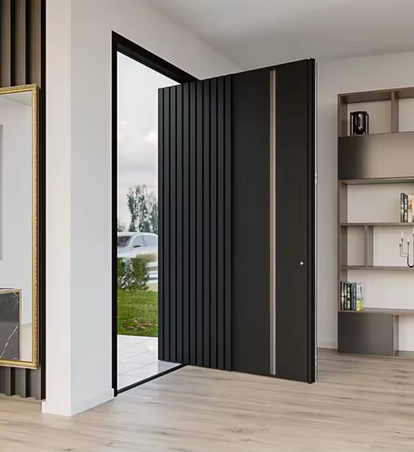 Hardware and frame detail of waterproof wooden entry door