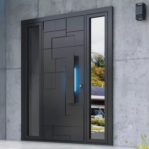 Interior view of modern aluminum pivot wooden door