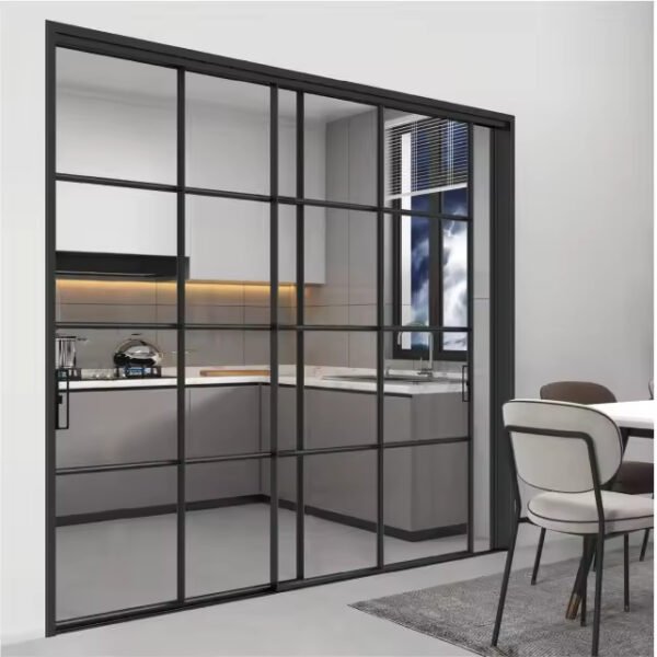 Interior view through tempered glass double doors with sunlight