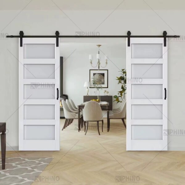 Multi-panel barn door in bi-fold layout for space saving