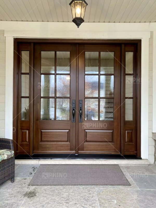 Close-up of aluminum handle and wooden frame of luxury patio door