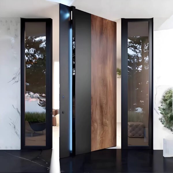Pivot hinge mechanism on aluminum wooden entrance door