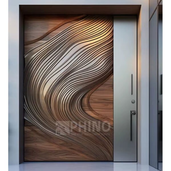 Solid wood 3D carved door installed at luxury villa entrance