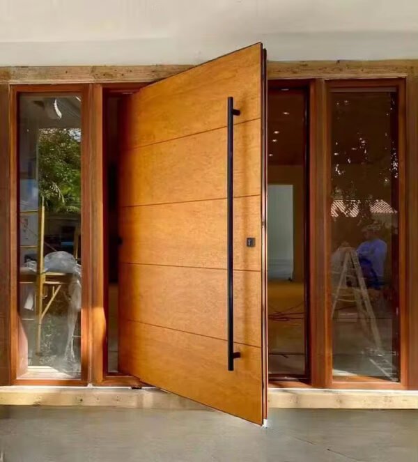 Solid wood front door in rainproof outdoor environment