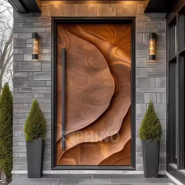 Close-up of luxury 3D carving on solid wood exterior door
