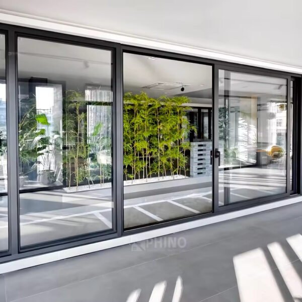 Aluminum patio glass door sliding open to connect indoor-outdoor