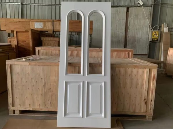 Detail view of glass panel and frame on French double door